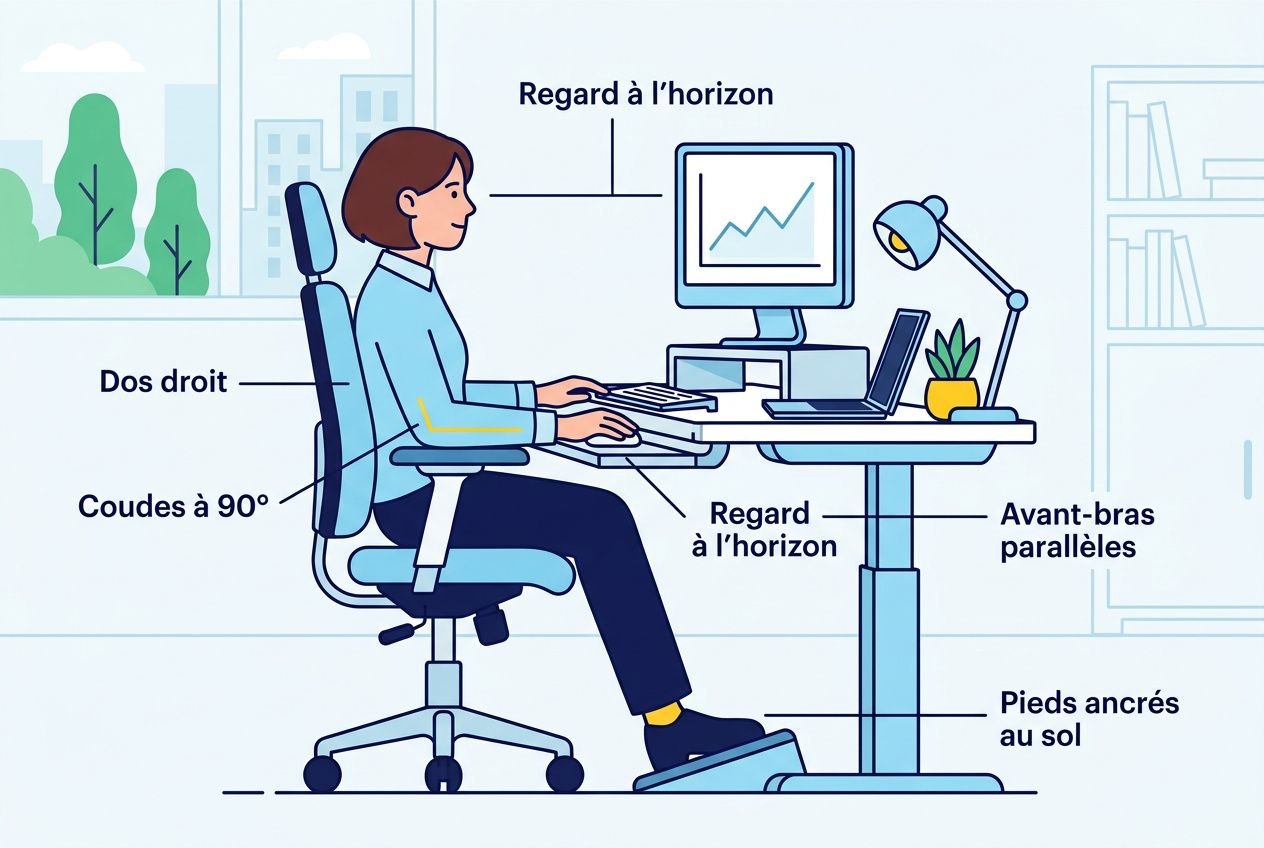 Illustration d’un poste de travail ergonomique en bureau, chaise réglable, écran et clavier, pieds au sol, souris, lampe et plantes. aménagement espace de travail productivité intégré de manière naturelle.