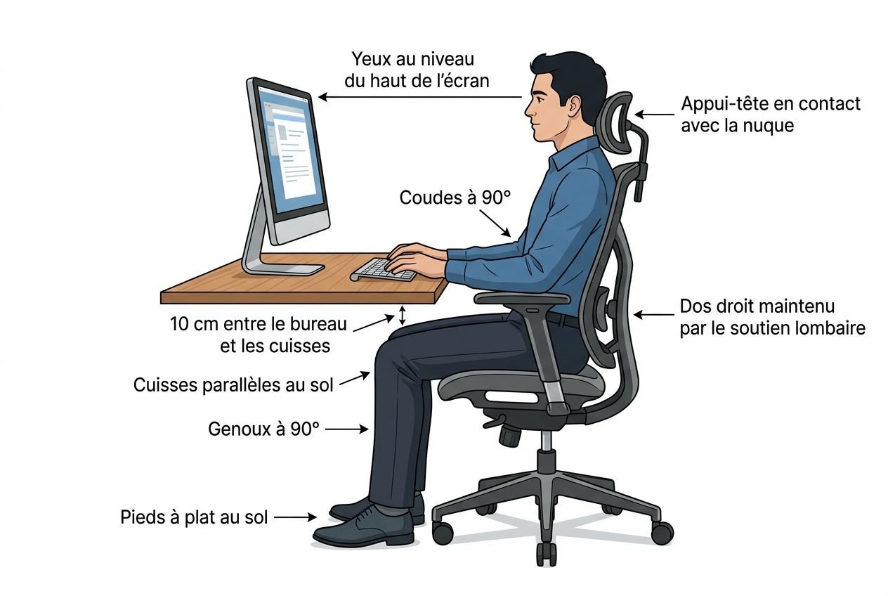 Illustration montrant un homme assis sur une chaise de bureau ergonomique, profil droit, regard sur écran. Accoudoirs en contact, dossier soutenant la nuque, colonne vertébrale alignée, pieds à plat au sol, coudes à 90°, genoux à 90°, distance de 10 cm entre bureau et cuisses. Texte descriptif intégré: conseils pour bien choisir un fauteuil de bureau ergonomique.