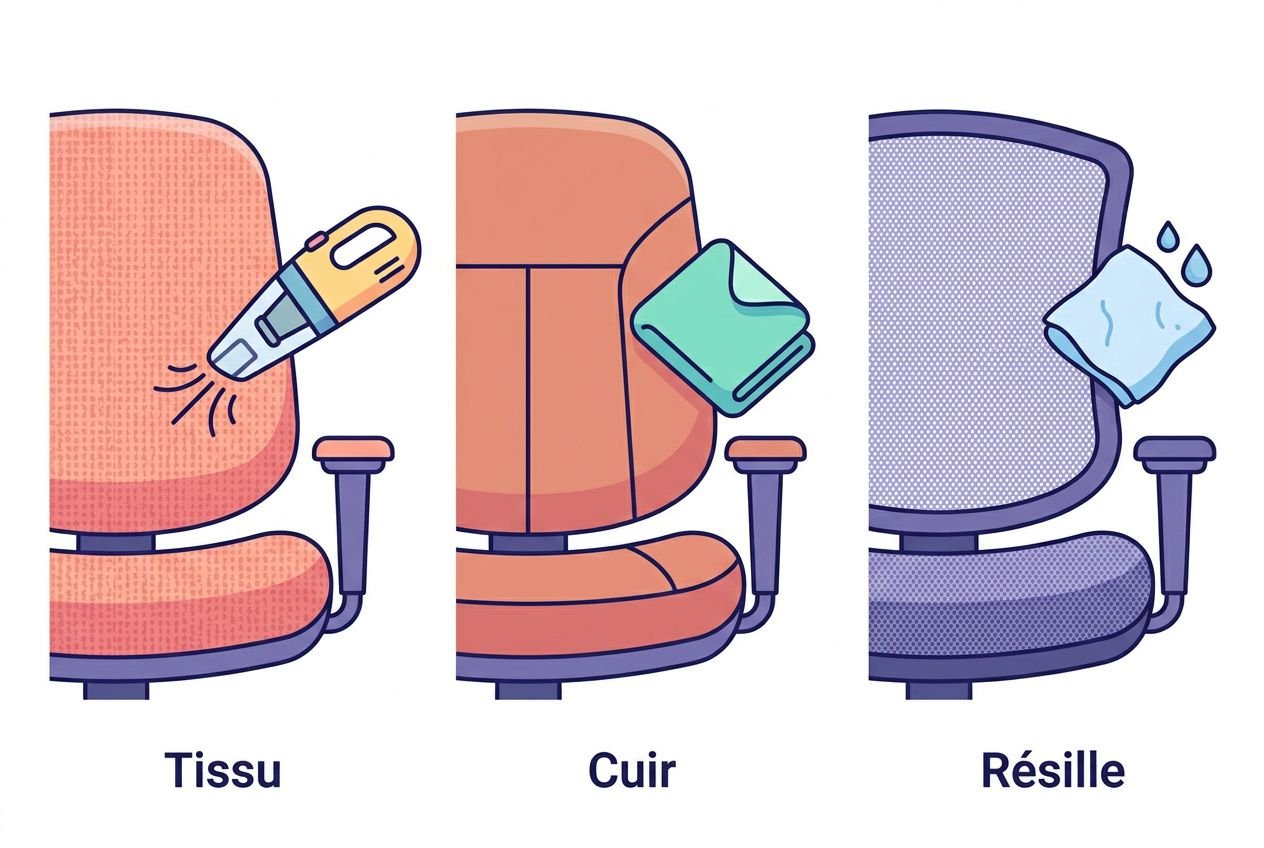 Illustration montrant trois habillages de siège et leurs soins: Tissu, cuir et résille se nettoyant avec spray, chiffon et eau. conseils pour l'entretien de ses meubles de bureau.