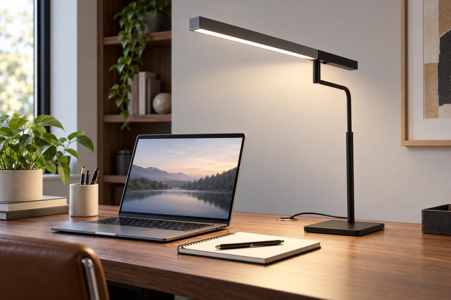Une lampe de bureau moderne éclaire un espace de travail avec un ordinateur portable et un carnet sur le bois de la table.