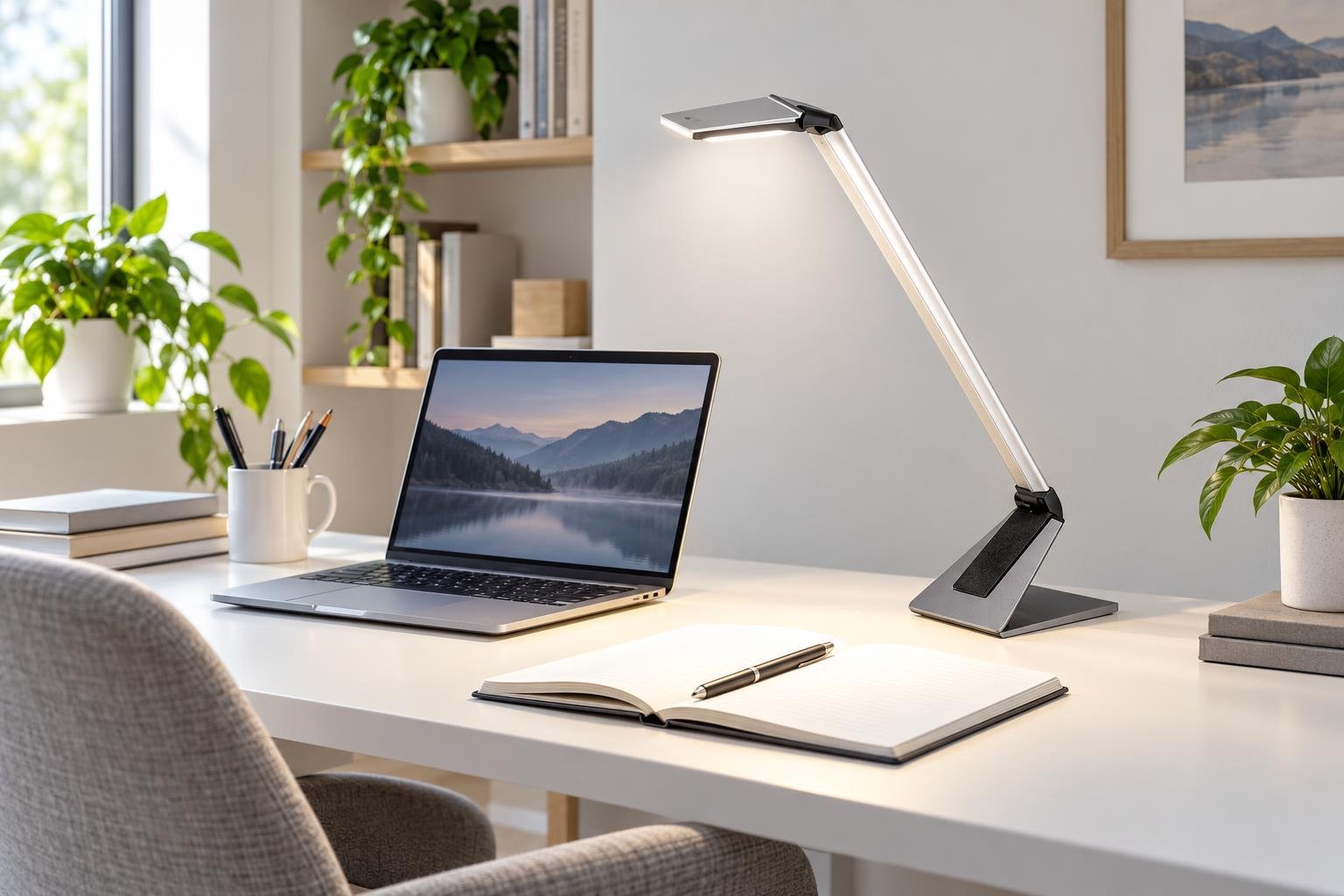 Lampe de bureau moderne posée sur le bureau près d’un ordinateur portable et d’un carnet ouvert.