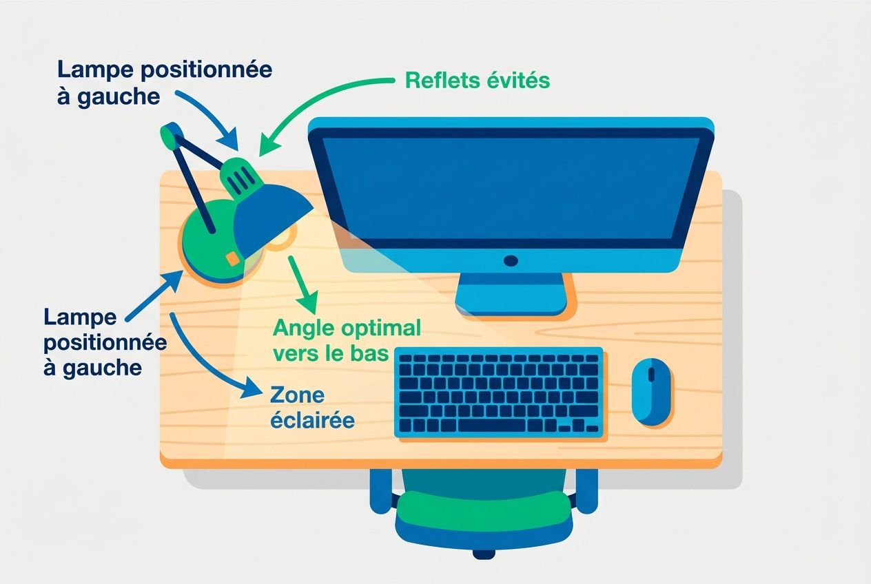 Lampe de bureau orientée et zone éclairée du poste de travail pour réduire fatigue oculaire, reflet et angle optimal vers le bas. luminaire bureau fatigue oculaire.