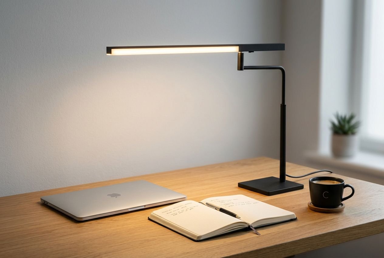 Lampes de bureau professionnelles : lampe linéaire noire sur pied, éclairant un plan de travail en bois avec laptop, carnet ouvert et tasse, ambiance lumineuse nette.