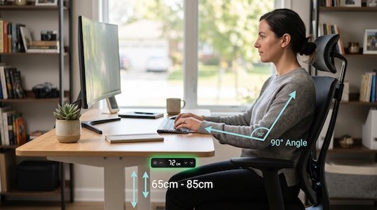 Lieu de travail ergonomique: une femme assise à un bureau devant un écran, dos droit, bras formant un angle de 90°, hauteur ajustable du siège 65–85 cm, setup ordinateur avec plantes et livre.