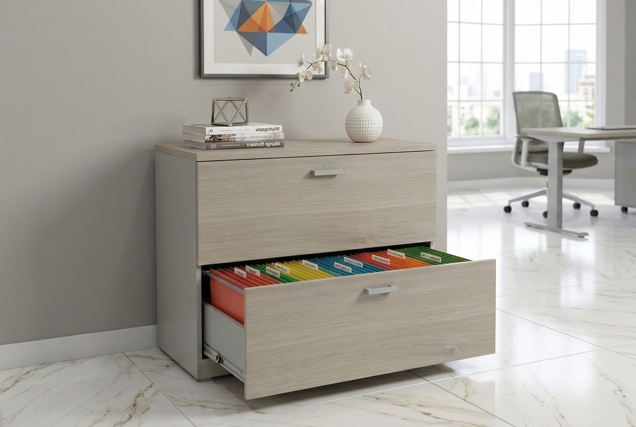 Meuble rangement papier bureau en bois clair avec tiroir inférieur coulissant, organisé par couleurs pour classer les papiers et documents.