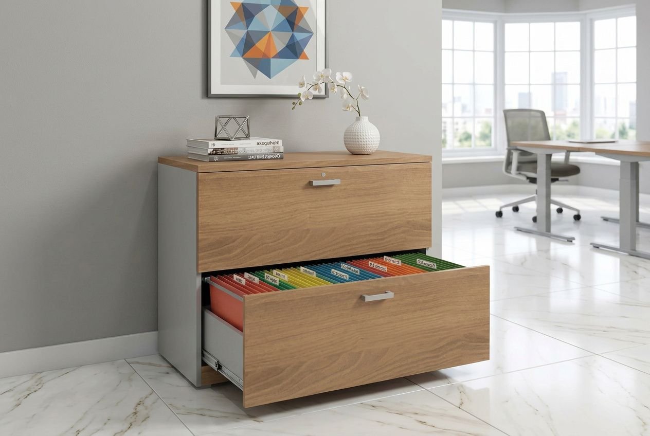 Meuble rangement papier bureau: caisson à tiroirs en bois clair, rangement organisé pour papiers et documents dans un bureau moderne.