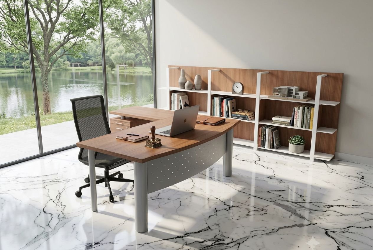 Mobilier bureau notaire professionnel : bureau élégant avec ordinateur, étagères et rangements sécurisés près d’une fenêtre offrant vue sur l’eau.