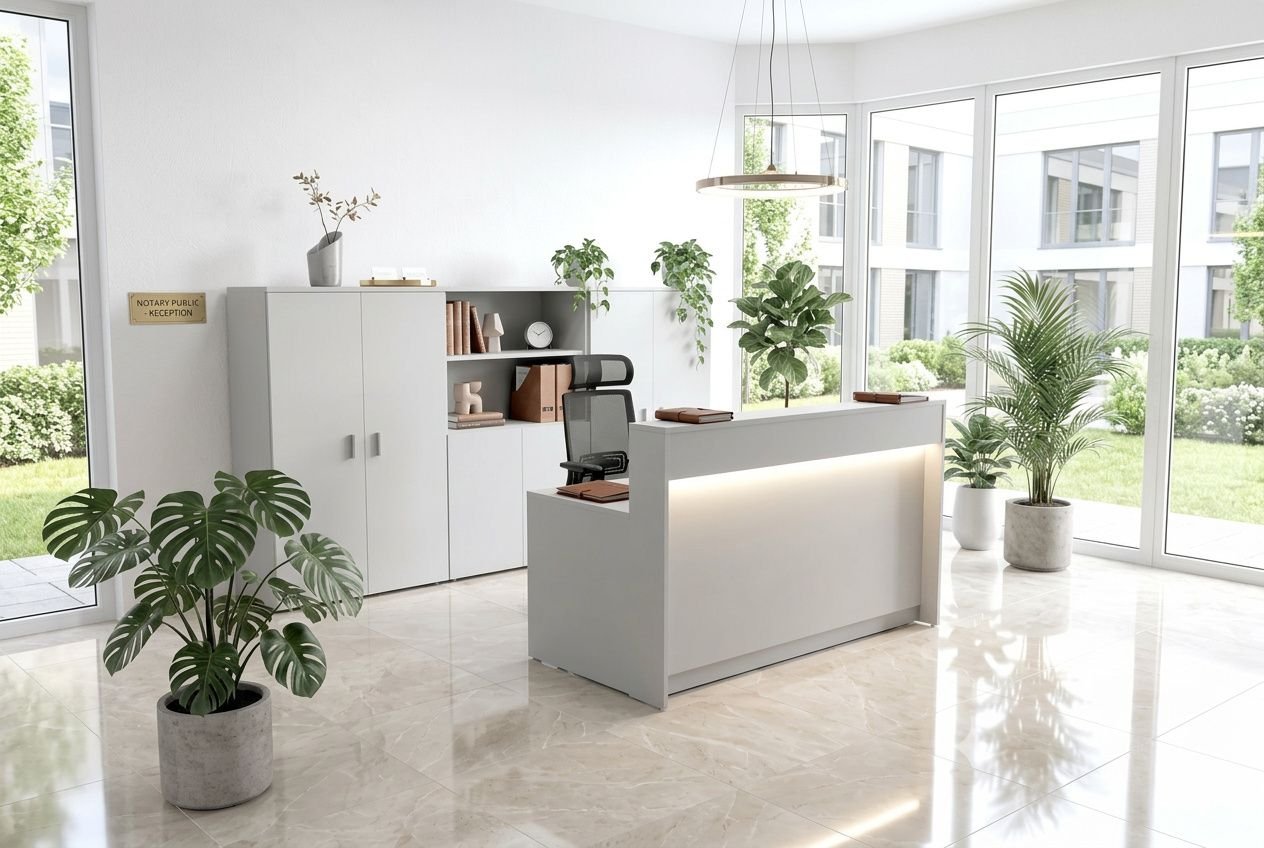 Mobilier bureau notaire professionnel : réception lumineuse avec bureau élégant, rangements sécurisés et plantes d’intérieur dans une étude notariale moderne.
