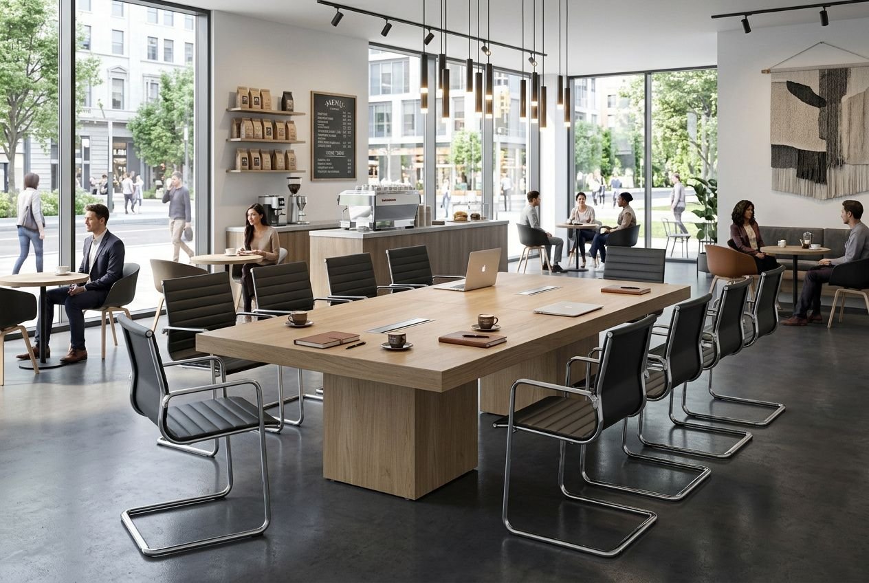 Mobilier cafétéria professionnel : grande table centrale en bois entourée de chaises modernes, ambiance chaleureuse et lumineuse.