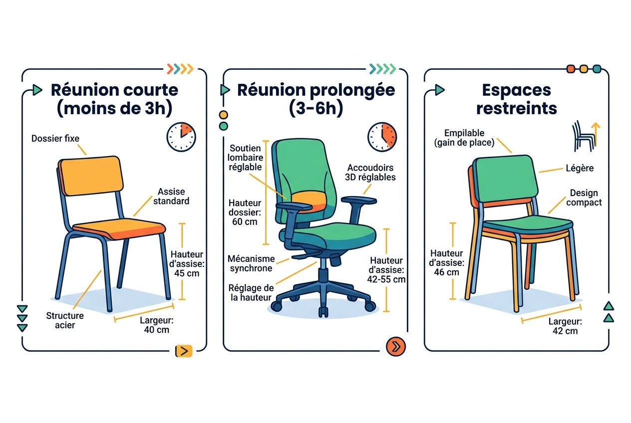 Mobilier pour salle de réunion : fauteuils et chaises ergonomiques autour de tables, avec options de confort et d’espace.