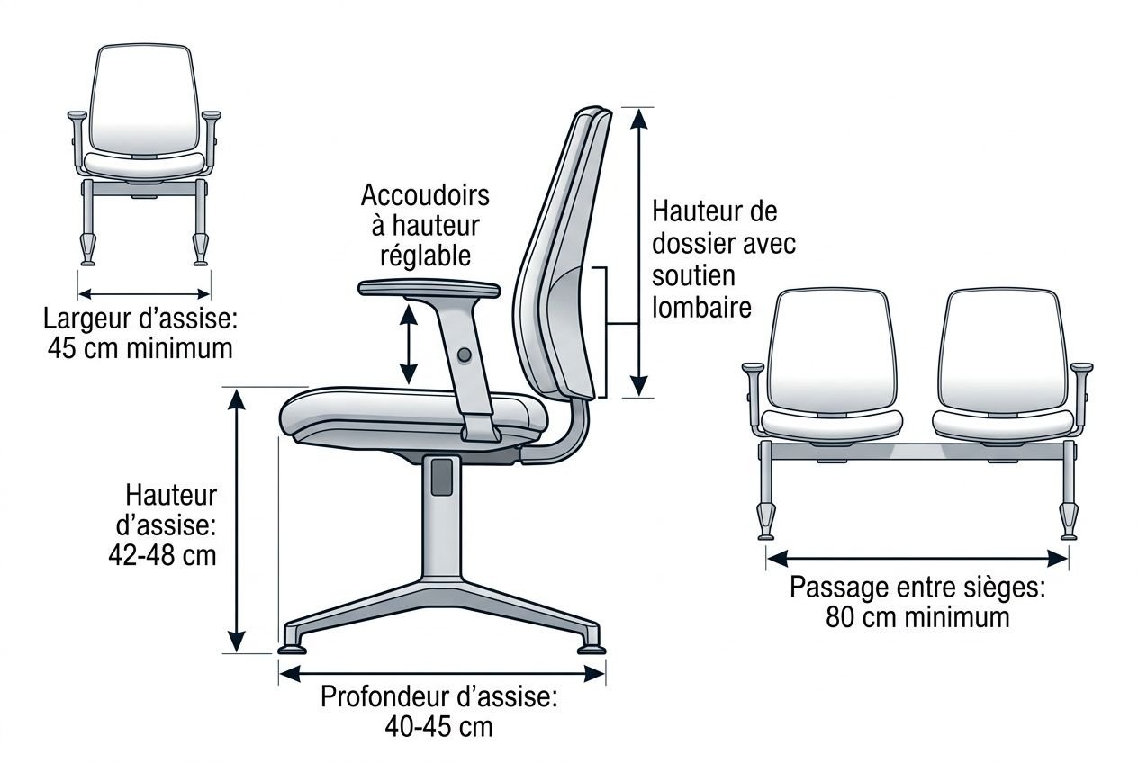 Mode d’assise et dimensions ergonomiques d’un siège de bureau dans un espace d’accueil, démontrant comment choisir mobilier d'accueil adapté.