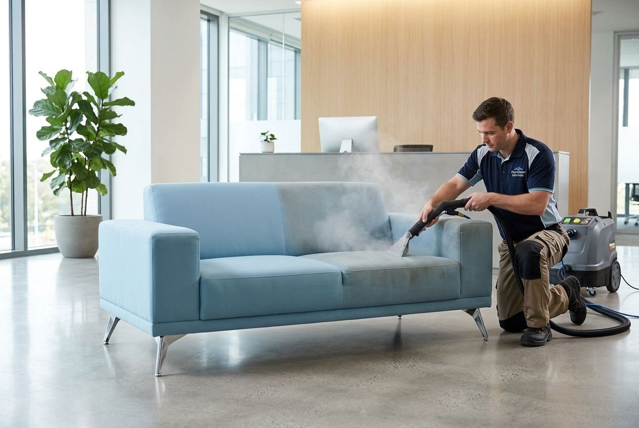 Nettoyage mobilier professionnel: technicien nettoie un canapé bleu en tissu avec machine à vapeur dans un bureau moderne.