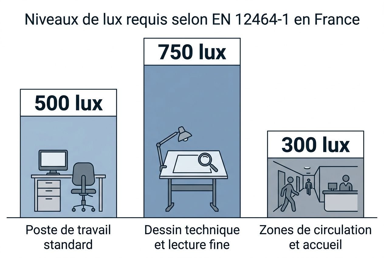 Niveaux de lux EN 12464-1: bureau standard 500 lux, dessin technique et lecture fine 750 lux, zones de circulation et accueil 300 lux. luminaires bureau professionnel