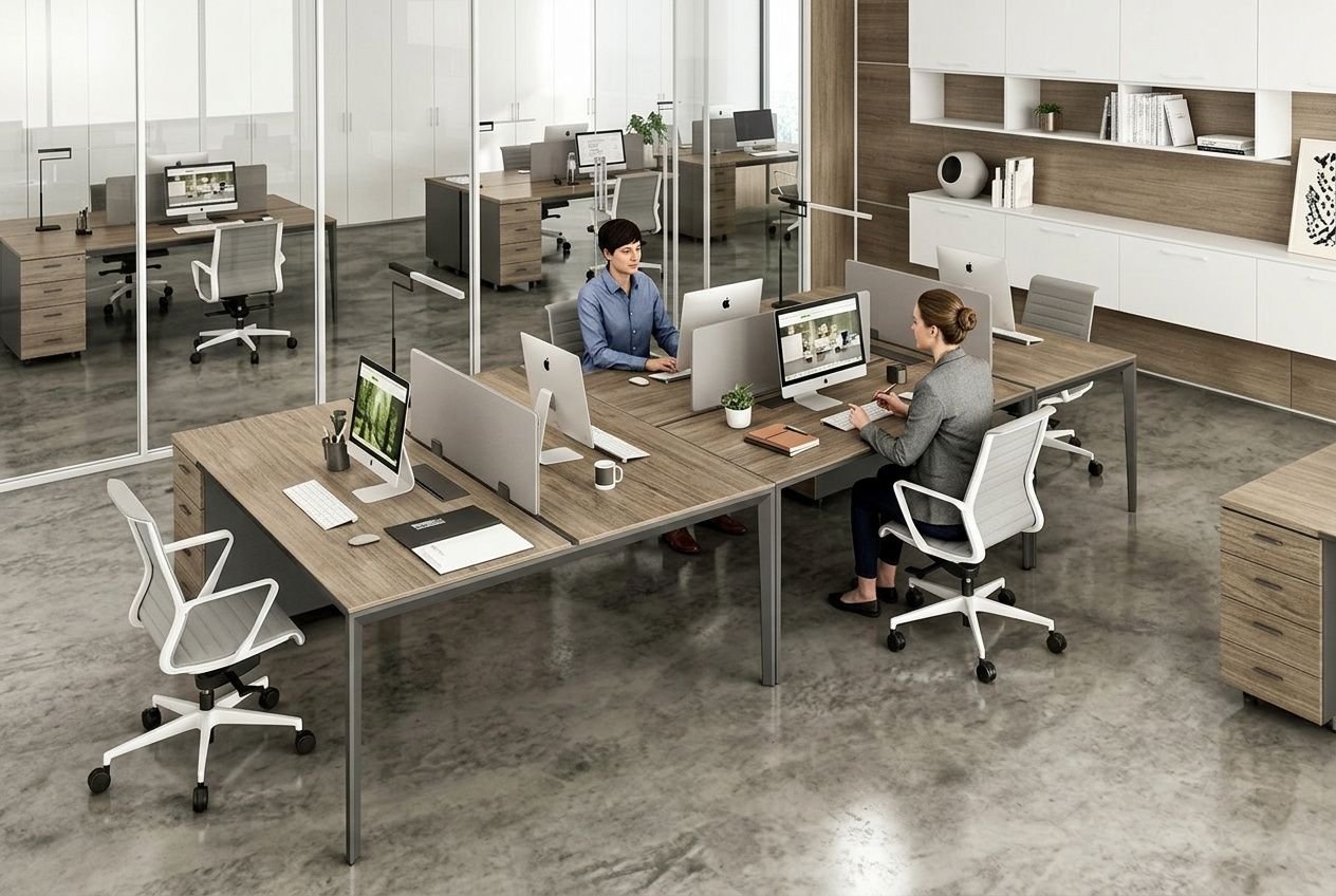 Open space de bureaux avec tables bench en L et postes informatiques, collaborateurs travaillant sur écran, ambiance professionnelle et rangée de rangements Modulaires. Comment choisir un bureau bench dans cet espace.