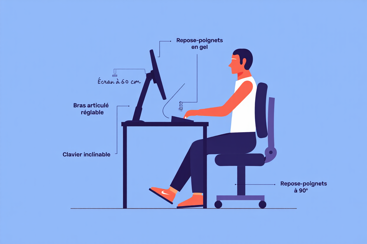 Personnage assis à un bureau avec écran, clavier et souris; indications d’ergonomie sur le poste (réglage chaise, repose-poignets, écran à hauteur, clavier inclinable, repose-pieds).