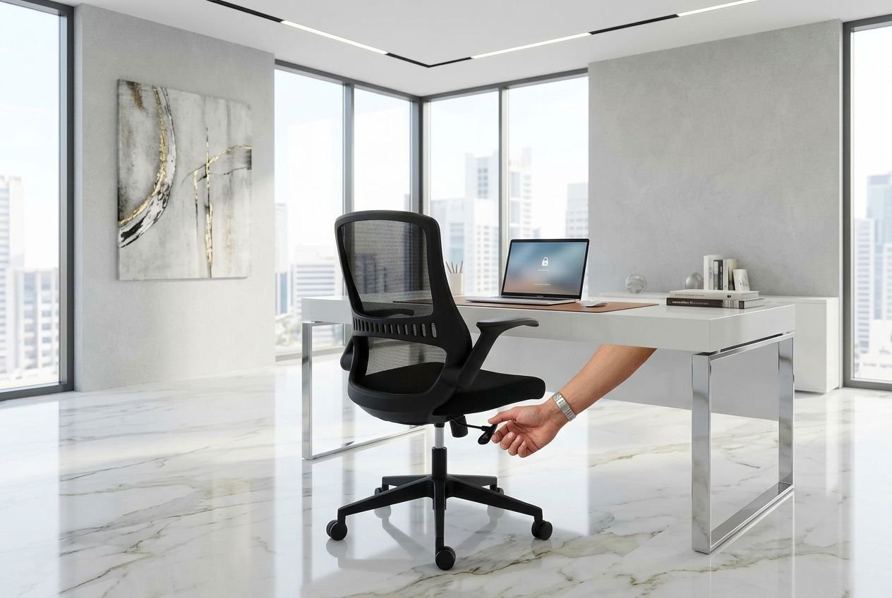 Personne ajustant sous le bureau la hauteur et les accoudoirs d’un fauteuil de bureau ergonomique dans un bureau lumineux.