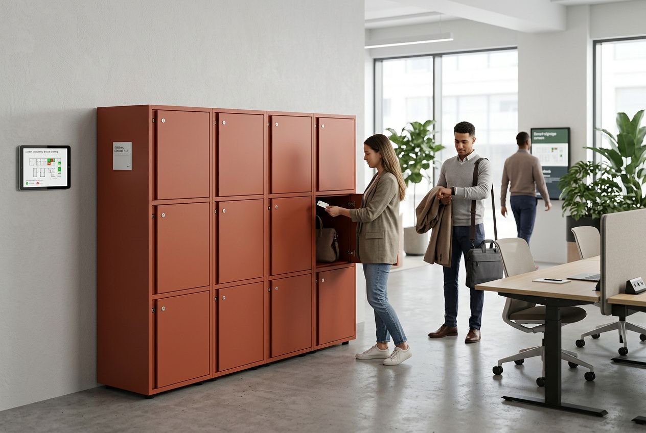 Personne déposant un sac dans une casier rouge à côté d’un espace de travail avec bureau modulable et plantes d’intérieur, ambiance bureau moderne. aménagement bureau flex