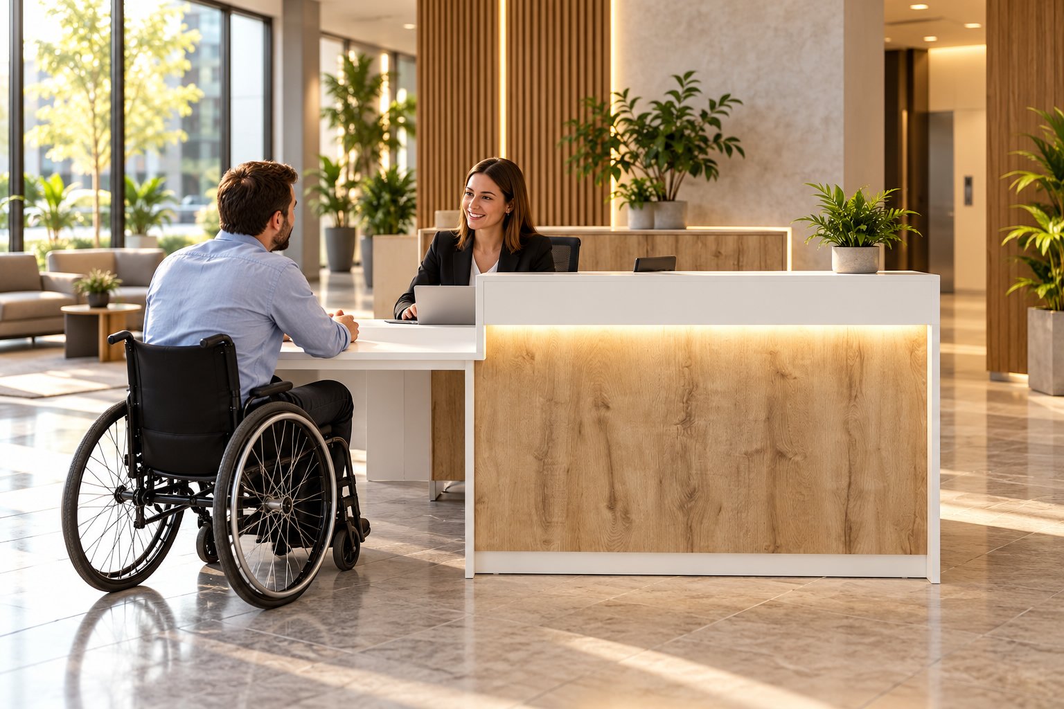 Une personne en fauteuil roulant échange avec une employée derrière une banque d’accueil.