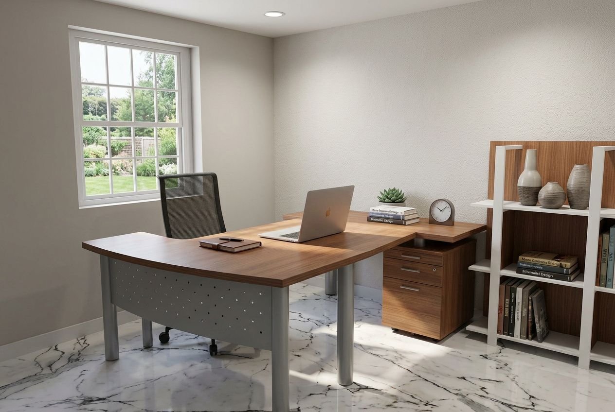 Un petit bureau aménagé dans une pièce lumineuse: bureau en bois avec pieds métalliques, chaise pivotante et ordinateur portable, rangement sur étagère et petites décorations. Comment aménager un tout petit bureau est suggéré par l’espace optimisé.