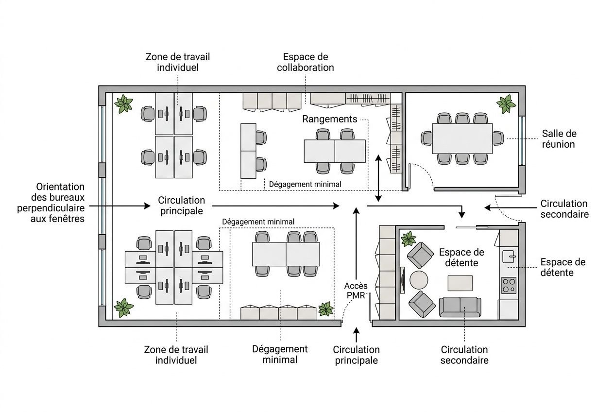 Plan d’aménagement bureau d'entreprise montrant zones de travail individuel, espaces de collaboration et circulation principale et secondaire.