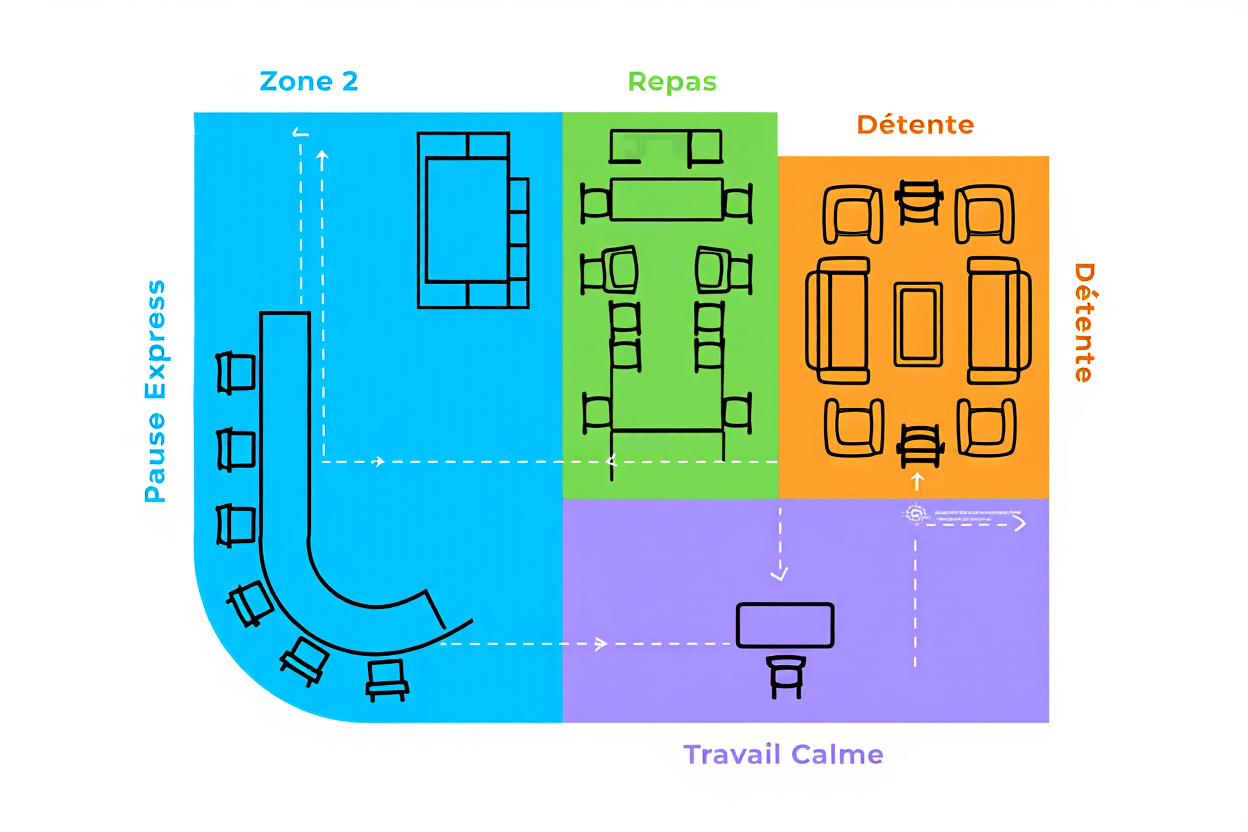 Plan d’aménagement d’une cafétéria d’entreprise: zones d’accueil, repas, détente et travail calme, avec circulation fluide et accès règles.