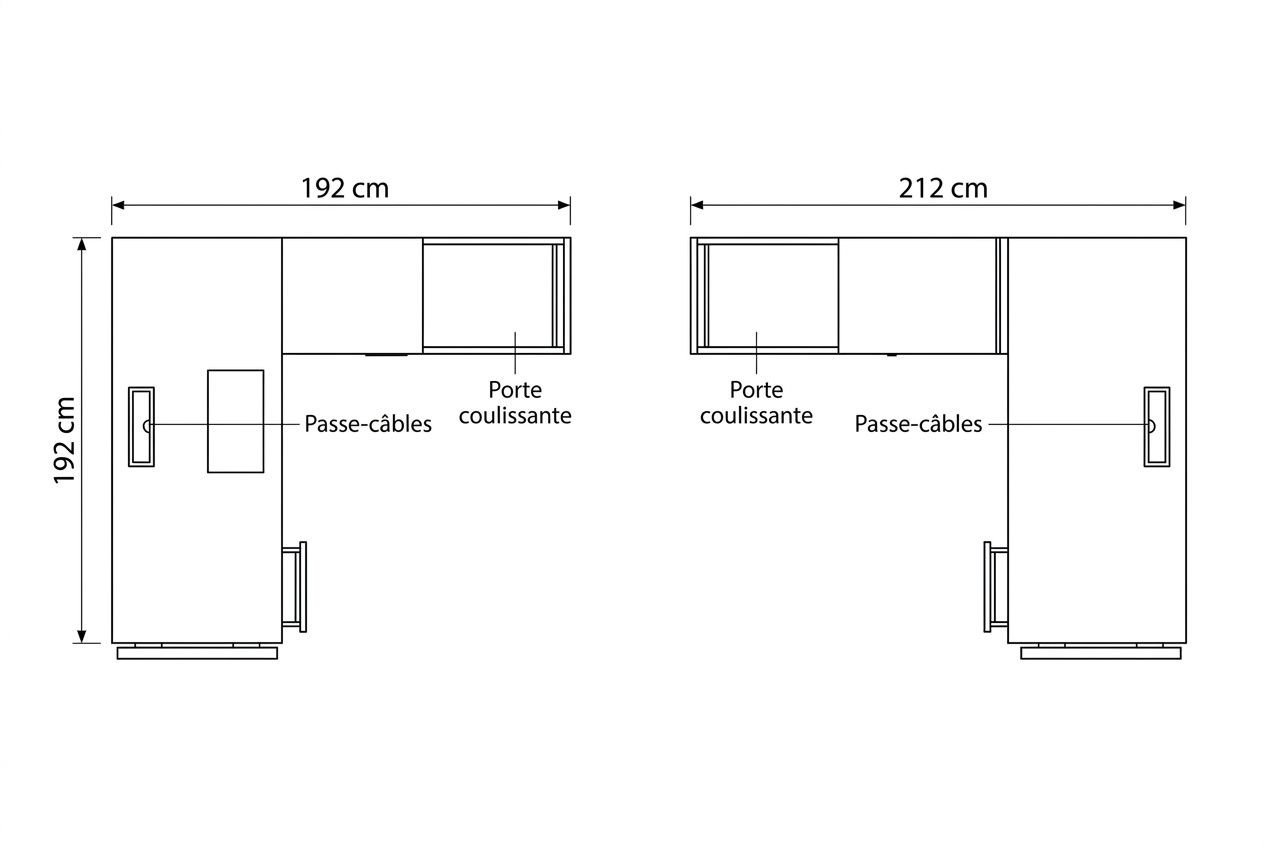 Plan d’un bureau avec rangement intégré : dimensions 192 cm et 212 cm, présence de passe-câbles et de porte coulissante sur les modules.