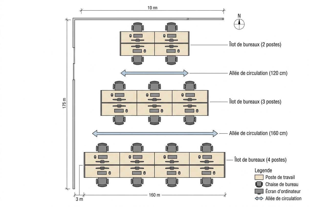 Plan illustrant un espace open space avec plusieurs postes de travail réunis en bureaux bench, chaises et écran, et allées de circulation.
