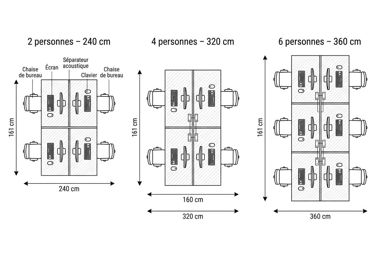 Plan montrant trois configurations de bureau bench pour 2, 4 et 6 personnes avec dimensions et séparation acoustique, écran et claviers visibles.