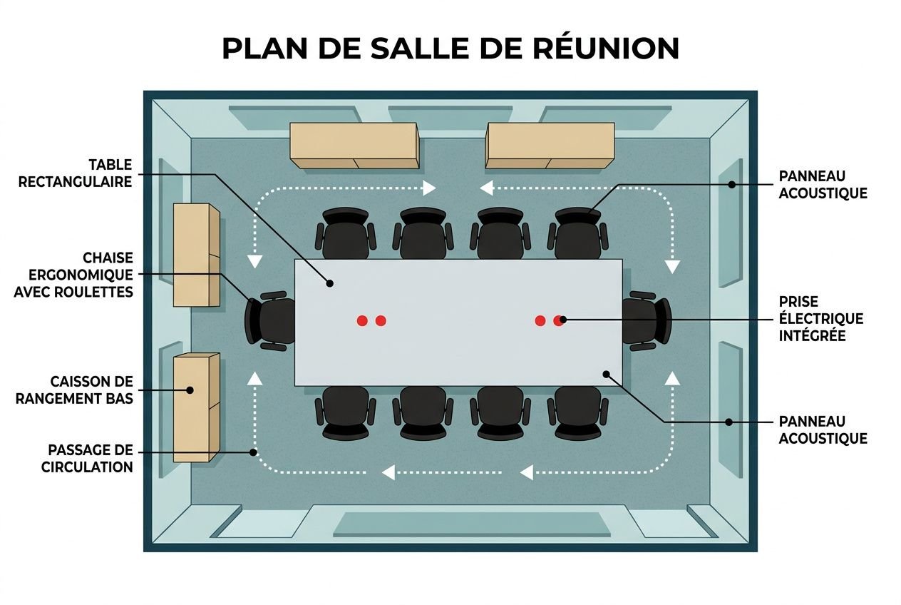 Plan de salle de réunion montrant table rectangulaire centrale, chaises ergonomiques avec roulettes, rangements, passage de circulation, panneaux acoustiques et prise électrique intégrée pour un aménagement salle réunion ergonomique.