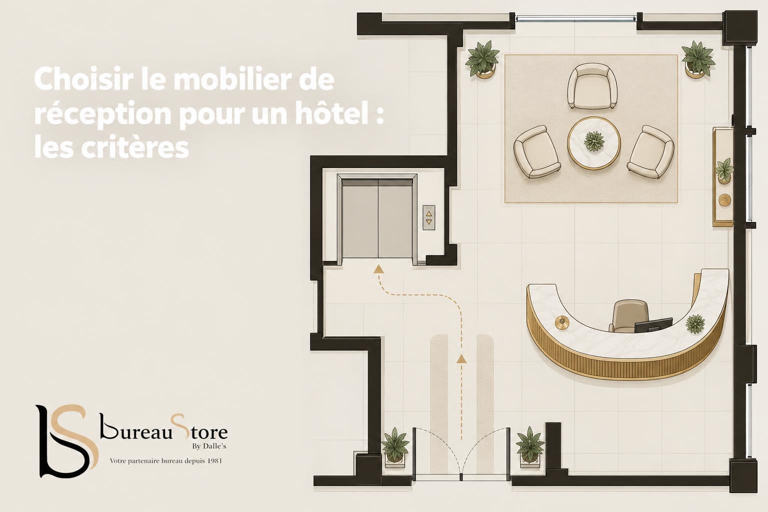 Plan du secteur de réception montrant un comptoir incurvé et un coin lounge avec fauteuils et plantes.