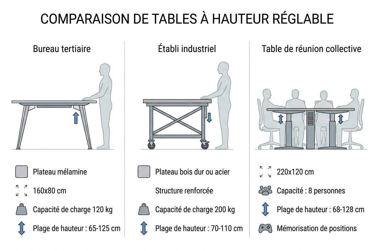 Plan de travail réglable en hauteur électrique sur diagramme comparaison: table à hauteur réglable pour bureau, structure solide et électrique, avec dimensions et capacités mentionnées.