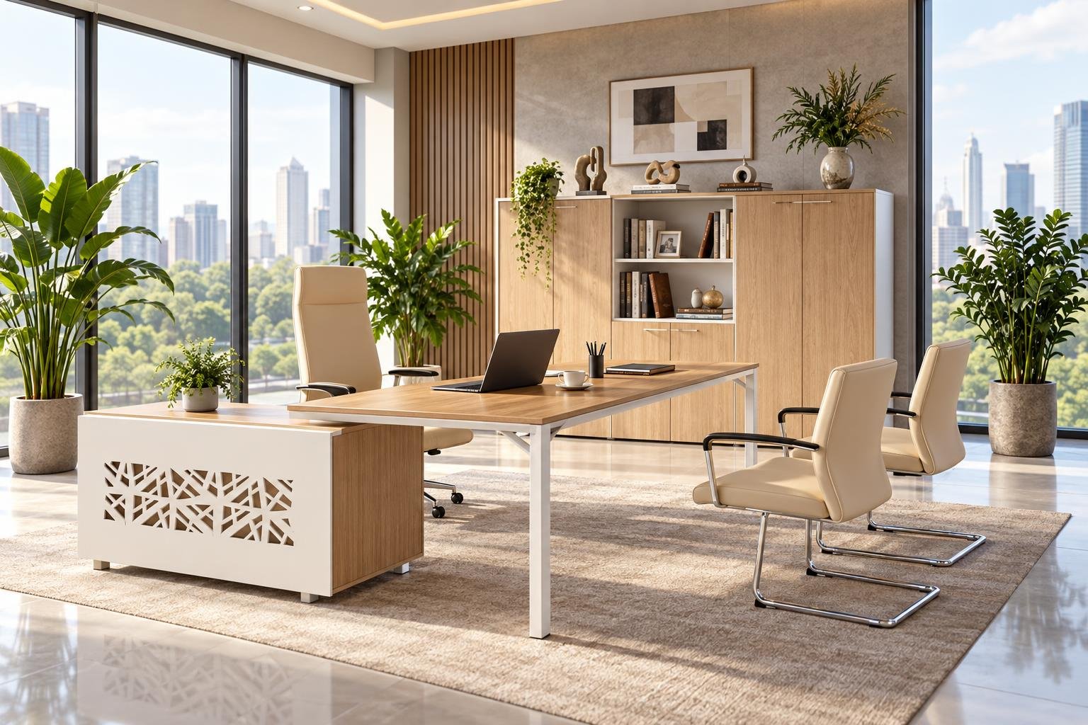 Plan de travail spacieux avec fauteuils et ordinateur dans un bureau lumineux et moderne.