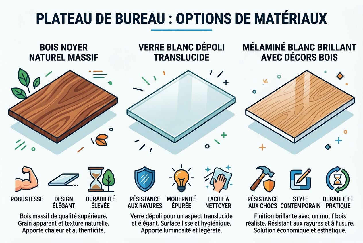 Plateau de bureau en bois massif et deux options de surfaces: verre dépoli translucide et mélaminé blanc brillant avec décor bois.