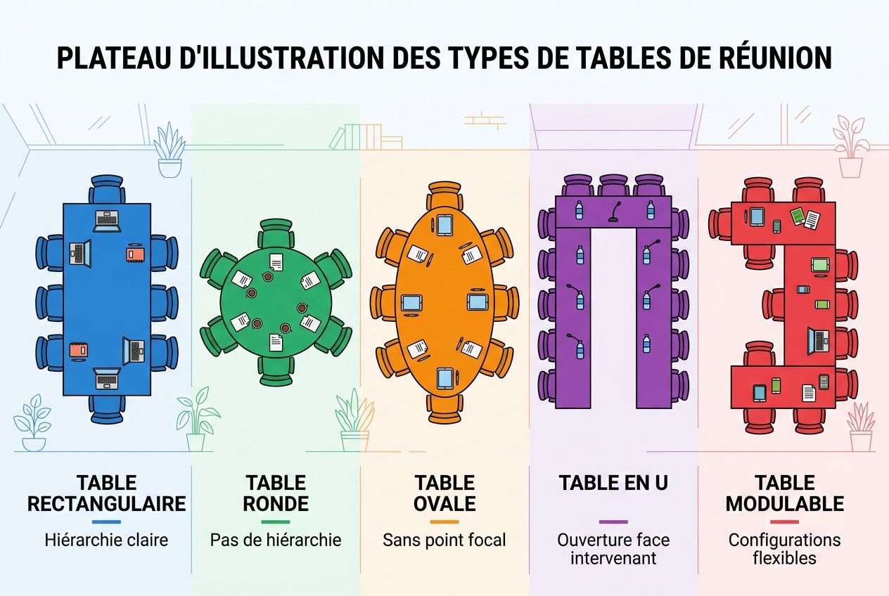 Plateau d’illustration montrant différents types de tables de réunion: rectangulaire, ronde, ovale, en U et modulable, chacun avec des étiquettes et des notes. Intègre le concept de table réunion dimension lorsque pertinent.