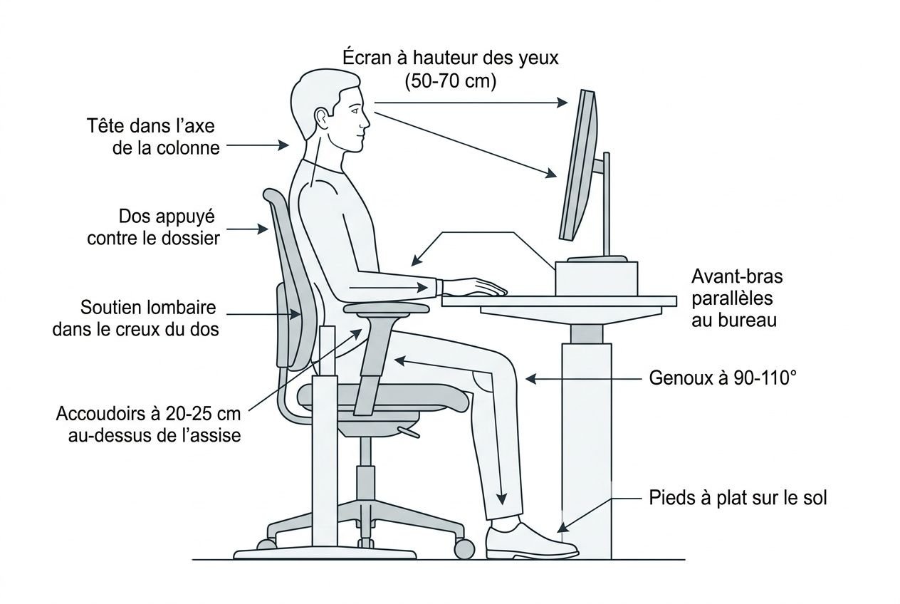 Position assise ergonomique: homme devant écran, dos droit, pieds à plat, genoux 90–110°, accoudoirs proches, clavier et souris à hauteur de bureau, regard sur l’écran à 50–70 cm.
