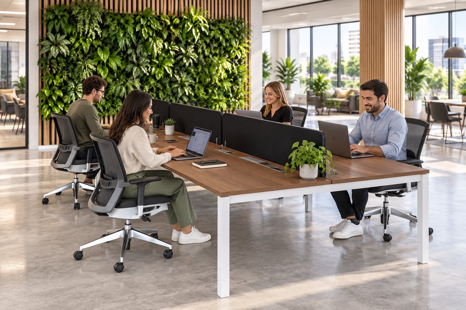 poste de travail partagé avec quatre personnes assises autour d'une table, chacun avec un ordinateur portable dans un espace de