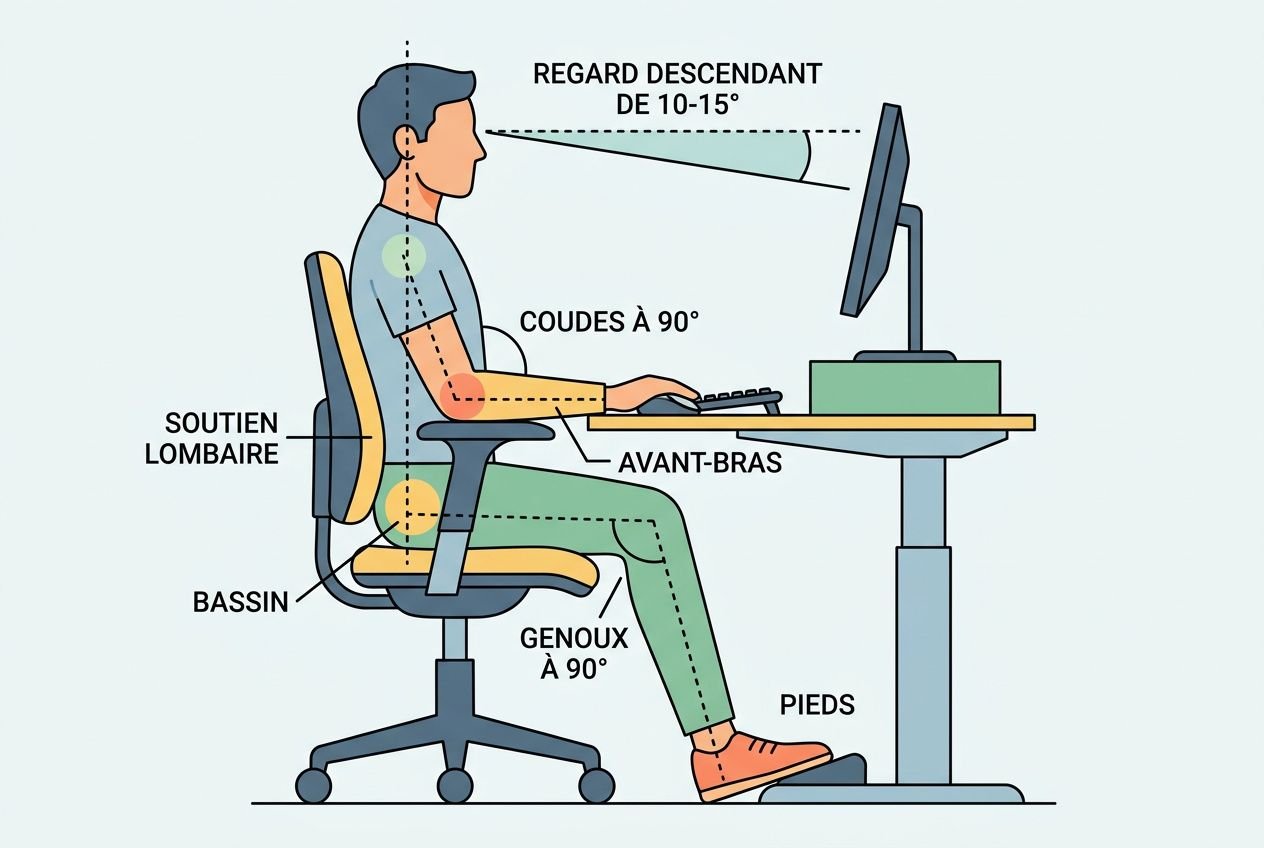 Posture bureautique: homme assis correctement devant un écran, dos droit, épaules détendues, avant-bras parallèles au bureau et pieds à plat, avec soutien lombaire et coussin, réglage ergonomique du siège et de l’écran.
