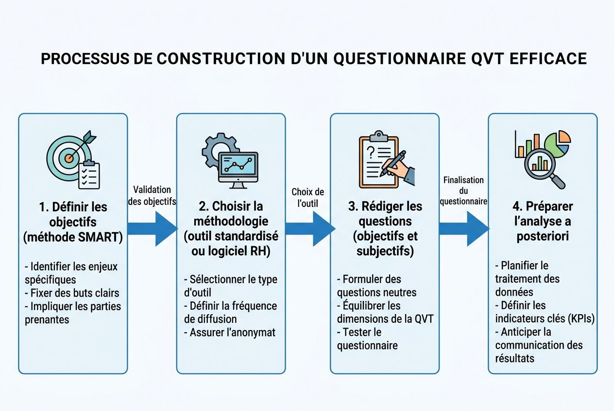 Processus de construction d'un questionnaire QVT efficace montrant les étapes: définir objectifs, choisir méthodologie, rédiger les questions et préparer l’analyse, illustration du terme qualité de vie au travail questionnaire.