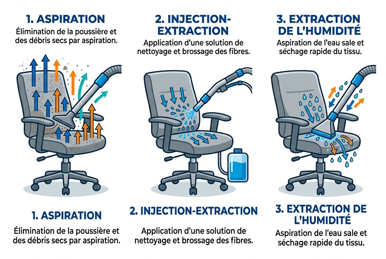 Processus de nettoyage des meubles professionnels : aspiration, injection-extraction et extraction de l’humidité sur un fauteuil de bureau.