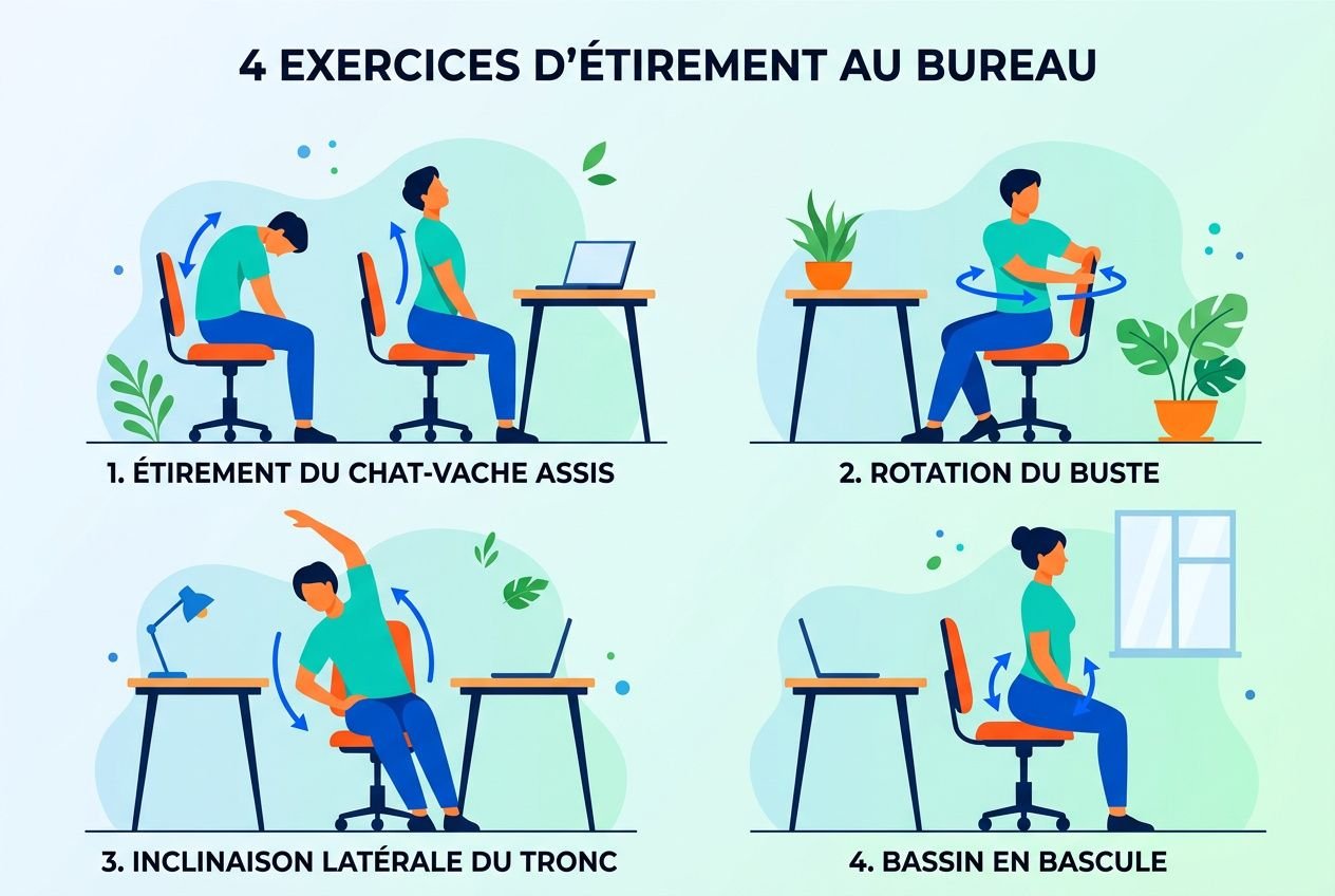 Quatre exercices d’étirement au bureau: chat-vache, rotation du buste, inclinaison latérale du tronc et bascule en arrière, illustrés à côté d’un bureau et d’une chaise. mal de dos bureau exercices