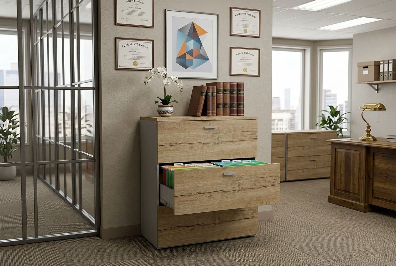 Rangement dossiers cabinet avocat: meuble tiroirs en bois clair avec rangements et chemises juridiques visibles, décor professionnel.