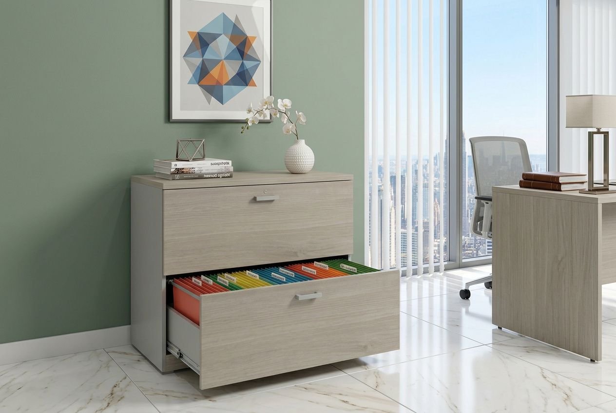 Rangement dossiers cabinet d'avocat : tiroirs ouverts contenant des chemises colorées, mobilier en bois clair dans un bureau moderne.