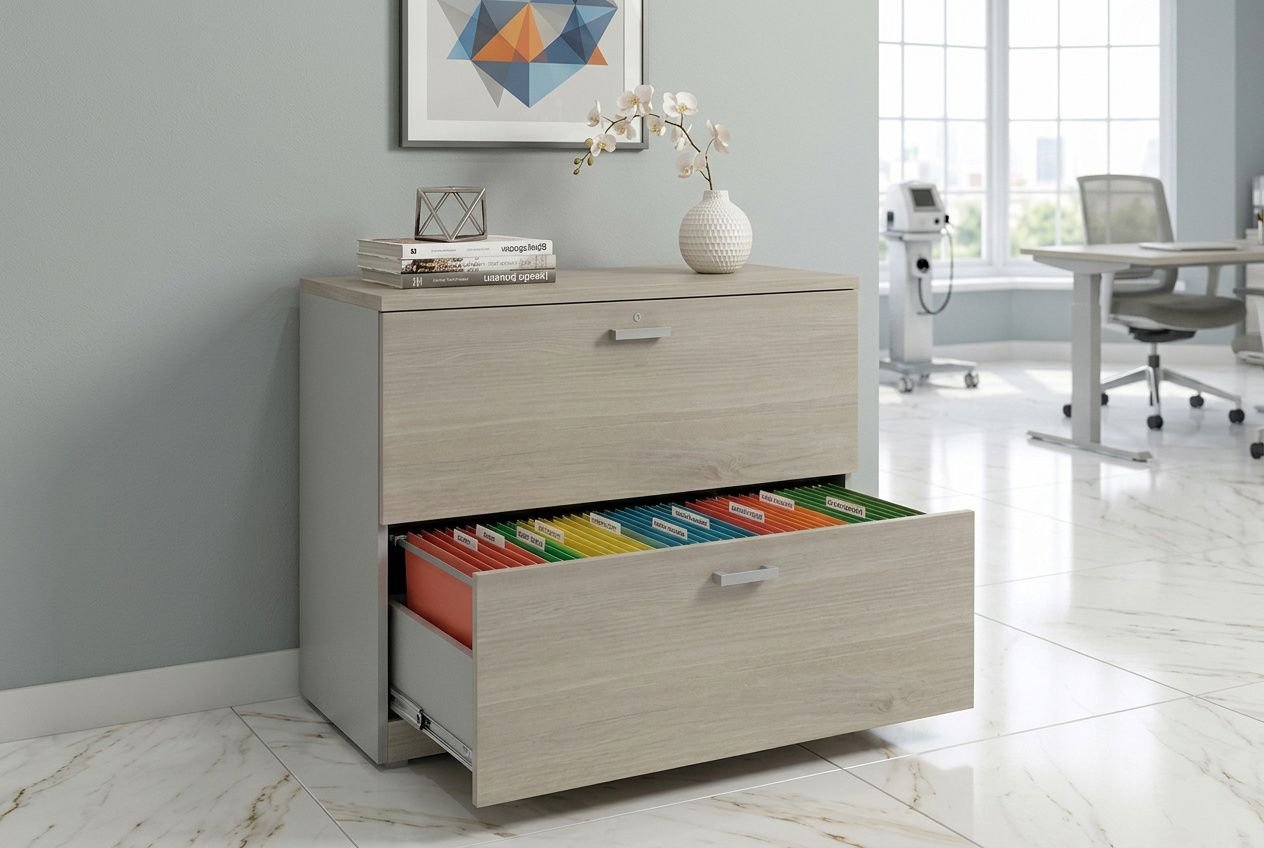 Rangement dossiers cabinet vétérinaire: armoire moderne à deux tiroirs, grand compartiment supérieur et tiroir inférieur avec rangements colorés pour dossiers.