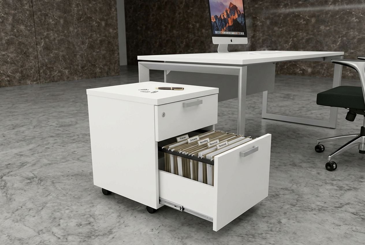 Rangement papiers dossiers professionnel : tiroir sur roulettes blanc contenant des classeurs archivés et boîte sur le dessus, bureau et ordinateur à l’arrière.