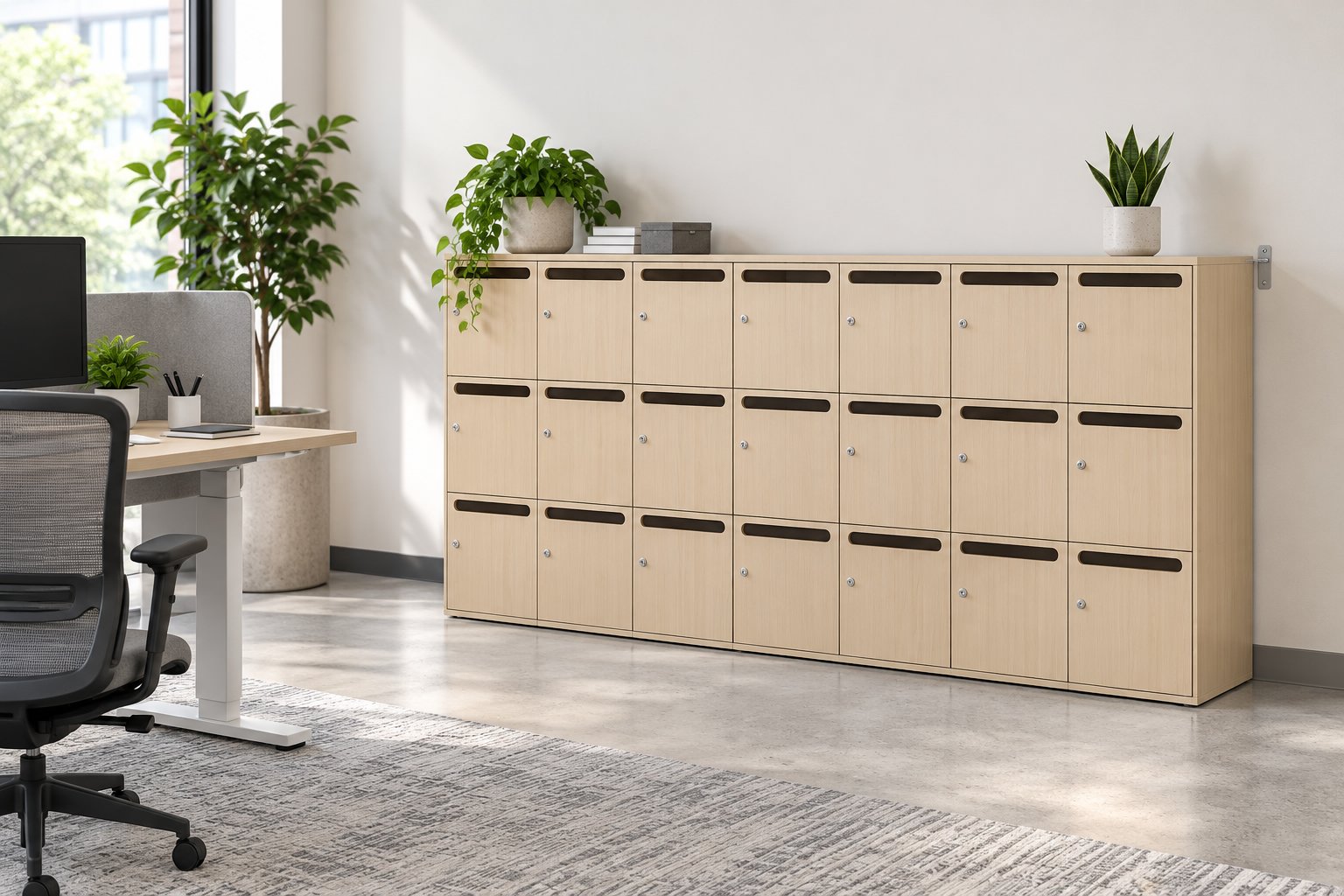 Rangs de casiers en bois clair alignés contre le mur près d’un bureau et d’un fauteuil dans un espace de travail.