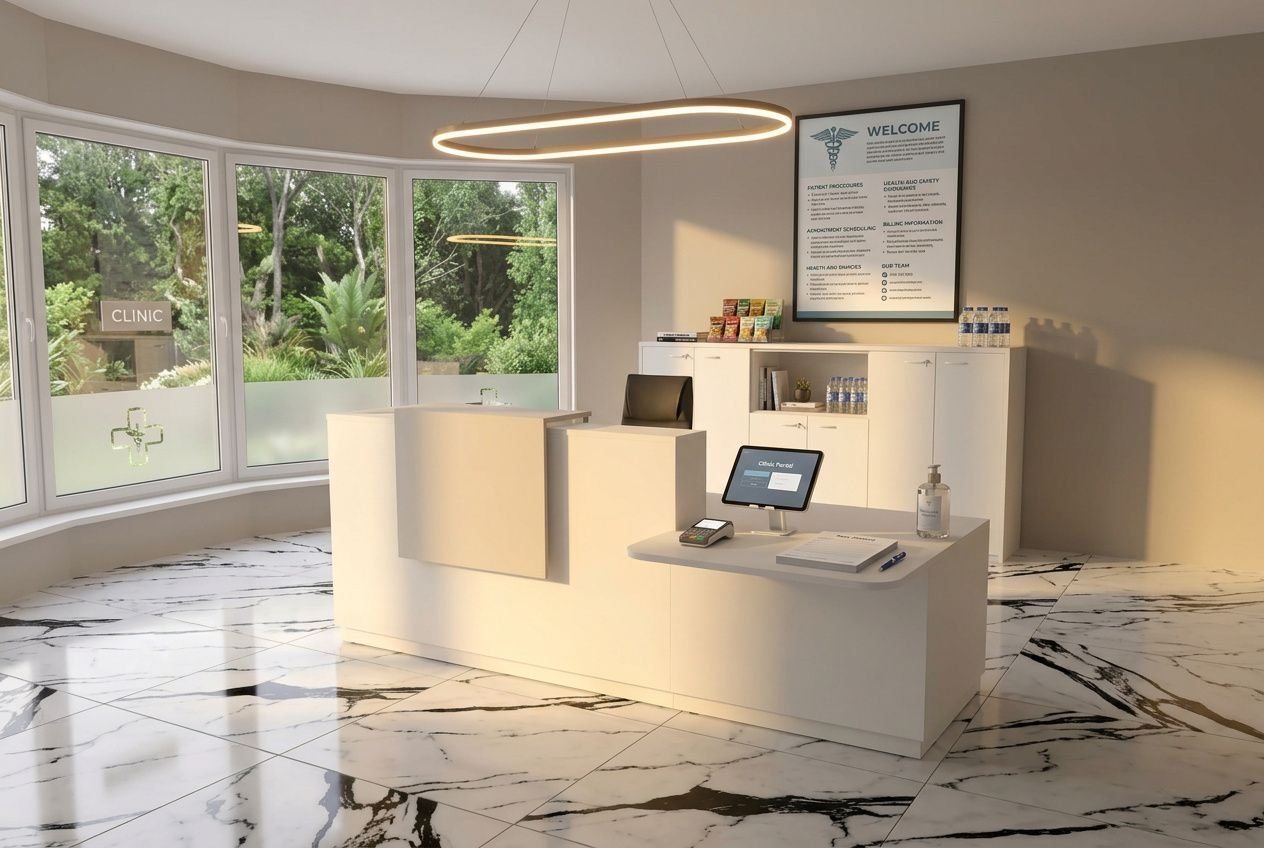 Réception de cabinet médical moderne avec comptoir blanc, écran tactile et poste de travail, affichage “Welcome” sur le mur et grande fenêtre donnant sur l’extérieur. Affiche affichée salle d attente cabinet médical au mur, sols marbrés.