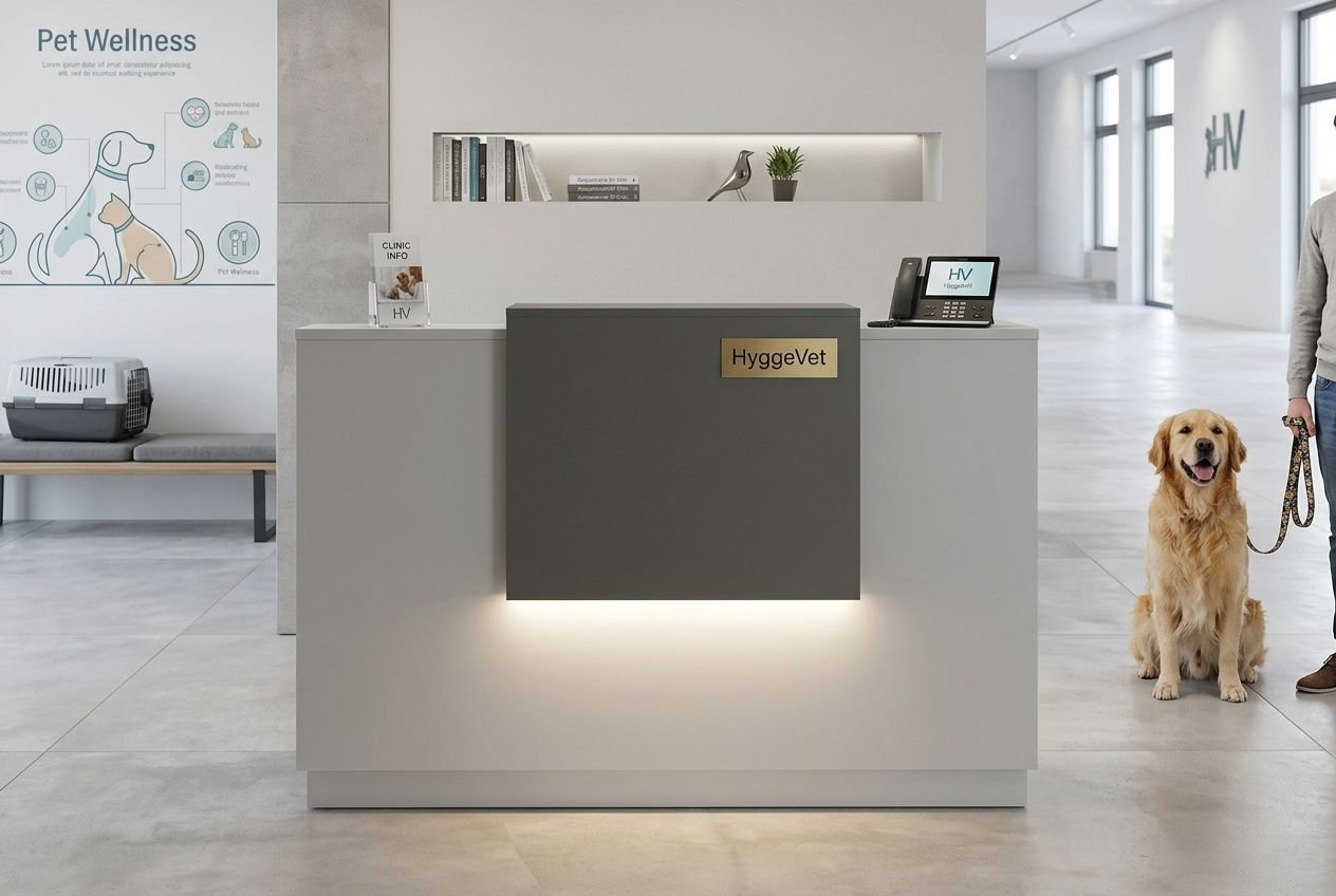 Réception d’un cabinet vétérinaire lumineux et moderne avec éclairage cabinet vétérinaire normes professionnelles, comptoir gris et affichage HyggeVet, chien patient au côté.
