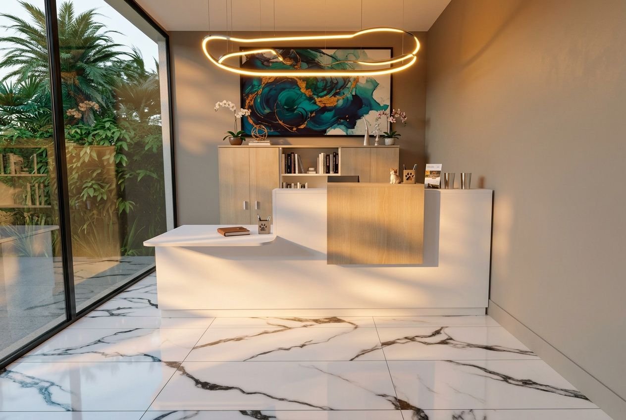 Réception lumineuse d’un cabinet vétérinaire moderne avec comptoir blanc et rangement bois, plafond suspendu décoratif et éclairage ambiant chaud. Éclairage cabinet vétérinaire normes professionnelles intégré.