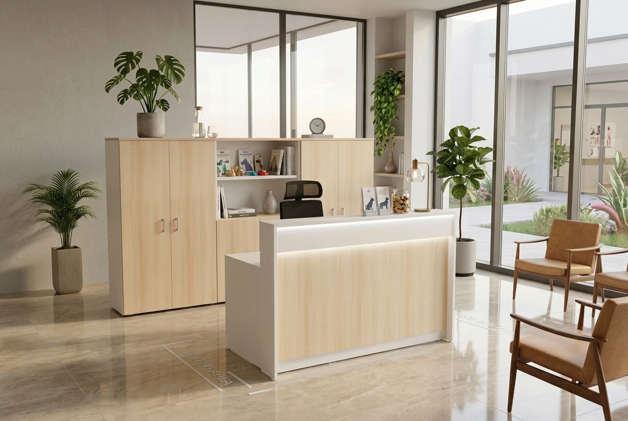 Réception lumineuse d’une clinique vétérinaire: mobilier moderne en bois clair, comptoir d’accueil, rangements et plantes vertes, ambiance calme et accueillante pour l’aménagement clinique vétérinaire.