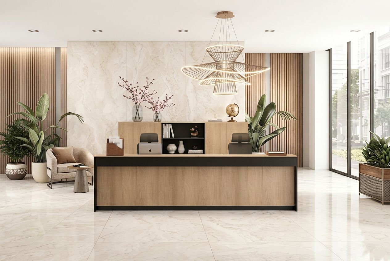Réception lumineuse et moderne d’un cabinet d’avocats: guichet en bois, plantes vertes et décoration professionnelle, espace d’accueil et bureau ergonomique.